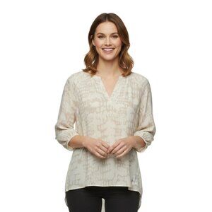 Cynthia Rowley High Low Blouse Size M Abstract Print Split Neck Elastic Cuff Top